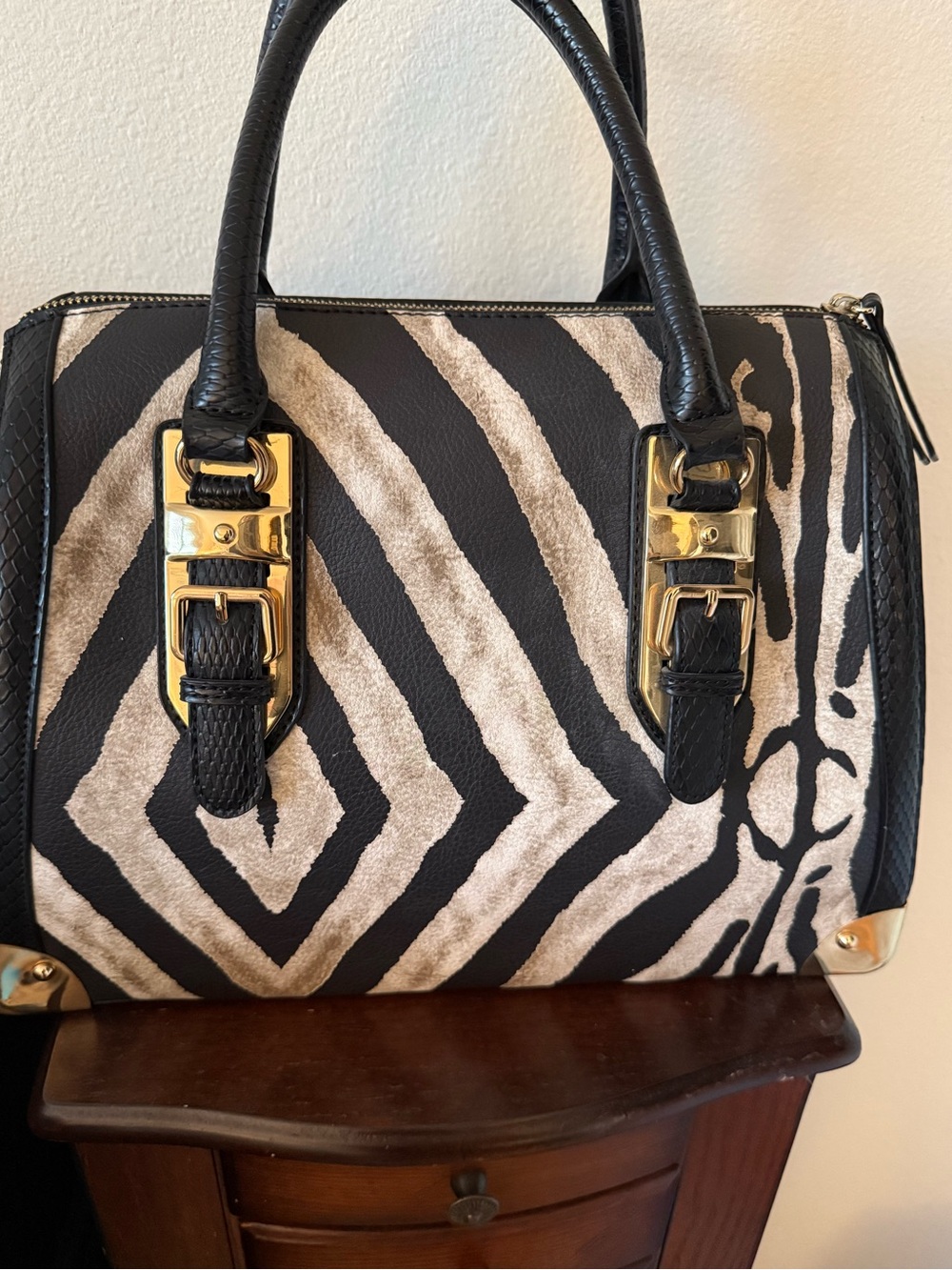 Aldo Black & Cream Zebra-Print Satchel